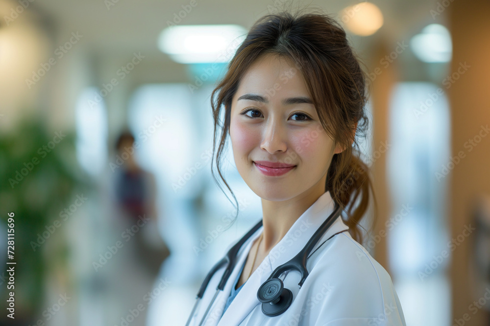 Dedicated Asian doctor in a healthcare environment embodies the fusion of pharmaceutical knowledge and medical care within a hospital's walls.. Dedicated Asian doctor in a healthcare environment embodies the fusion of pharmaceutical knowledge and medical care within a hospital's walls..