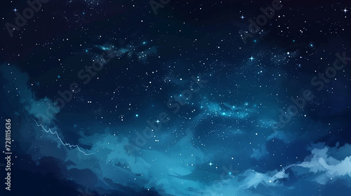 A celestial panorama showcasing a gradient of dark blue tones, adorned with shimmering stars and clusters, with a subtle watercolor effect adding depth and texture to the illustration. Generative AI