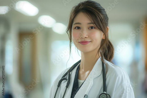 Dedicated Asian doctor in a healthcare environment embodies the fusion of pharmaceutical knowledge and medical care within a hospital's walls..