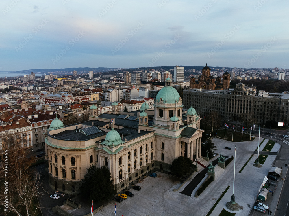 Drone view of the National Assembly of the Serbia Republic. Europe.