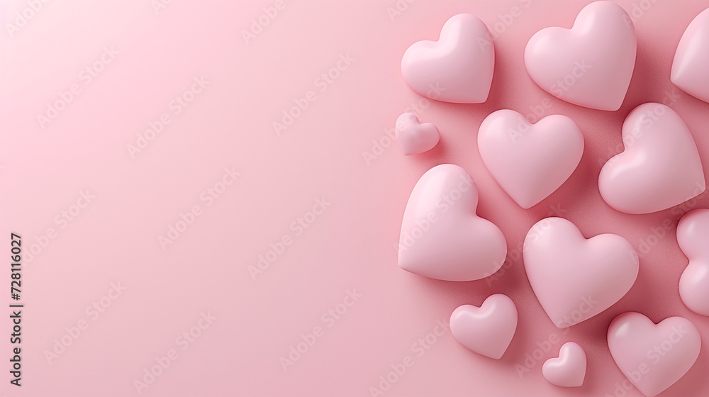 Pink 3D hearts on a pink background with space for copy