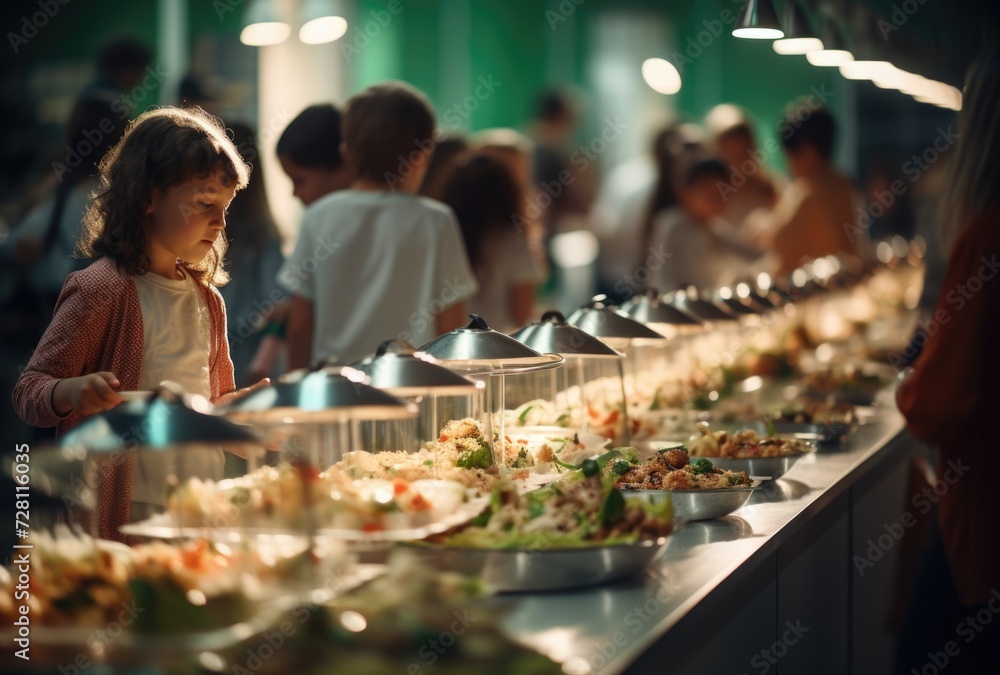 A schoolchild in the school cafeteria. Time of lunch break, peculiarities of the school meal, snack A schoolchild in the school cafeteria. Time of lunch break, peculiarities of the school meal, snack