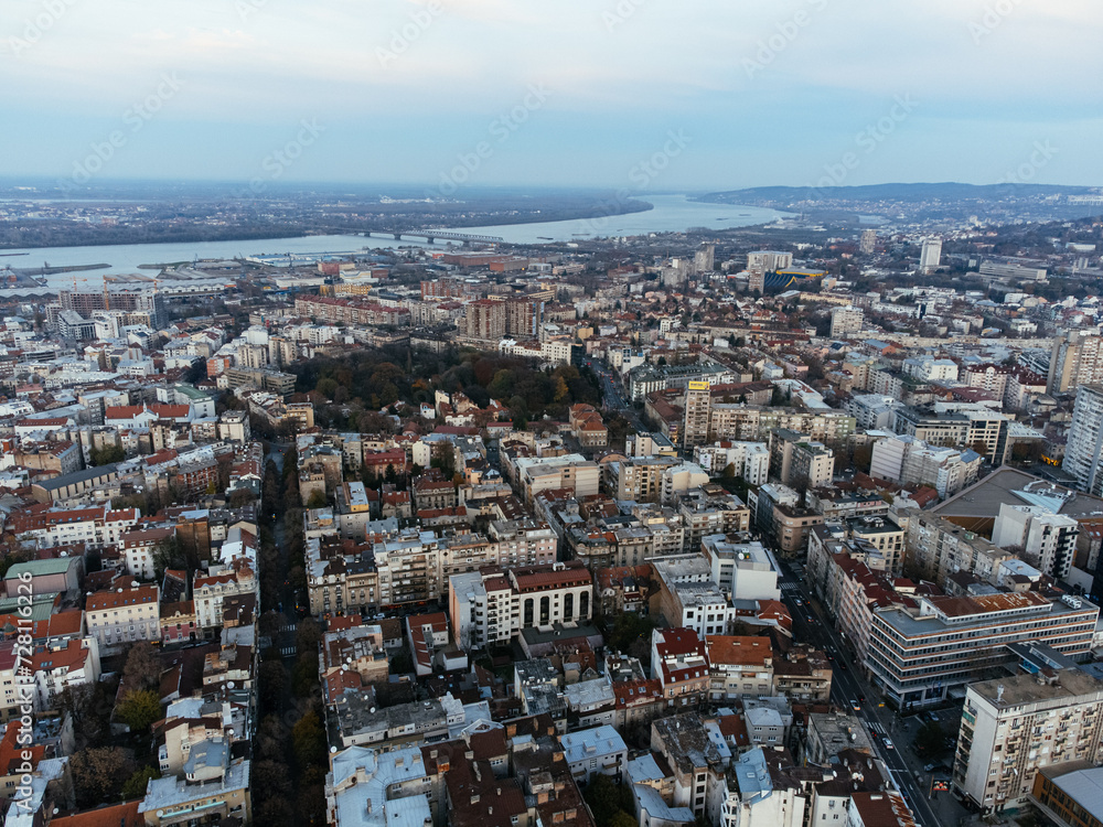 The drone view of the historical downtown center of Belgrade at sunset.