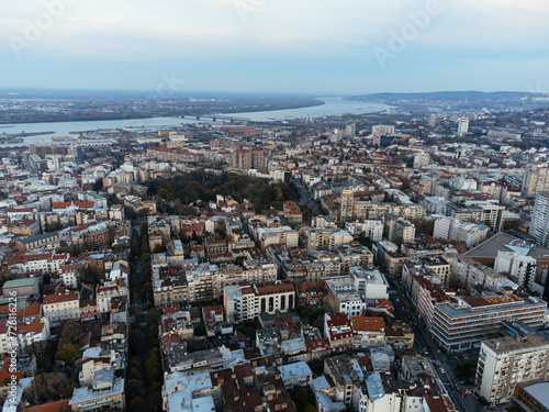 The drone view of the historical downtown center of Belgrade at sunset.
