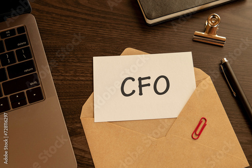 There is word card with the word CFO. It is an abbreviation for Chief Financial Officer as eye-catching image.