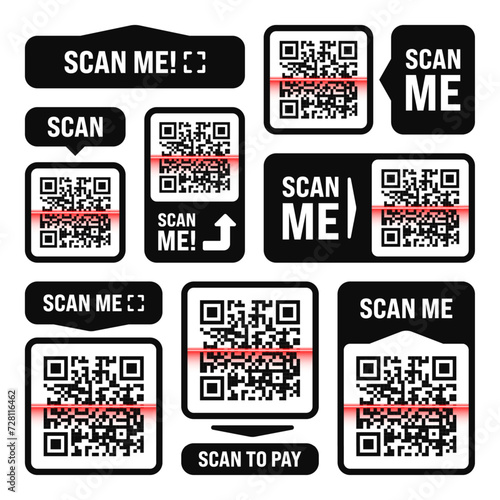 Scan me QR code sticker. Online payment. Special offer sale stickers, shopping discount label or promotional badge. Serial number, product ID. Supermarket retail label, price tag. Vector illustration © 32 pixels