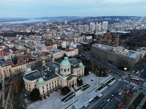 Drone view of the National Assembly of the Serbia Republic. Europe.