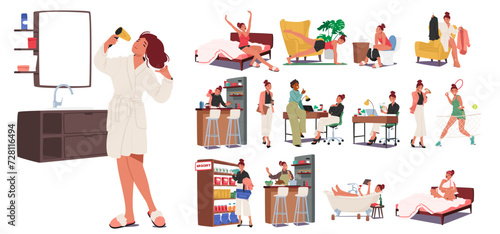 Woman Daily Routine Involves Tasks Like Waking Up, Exercising, Work, Meals, And Relaxation, Vector Illustration, Set
