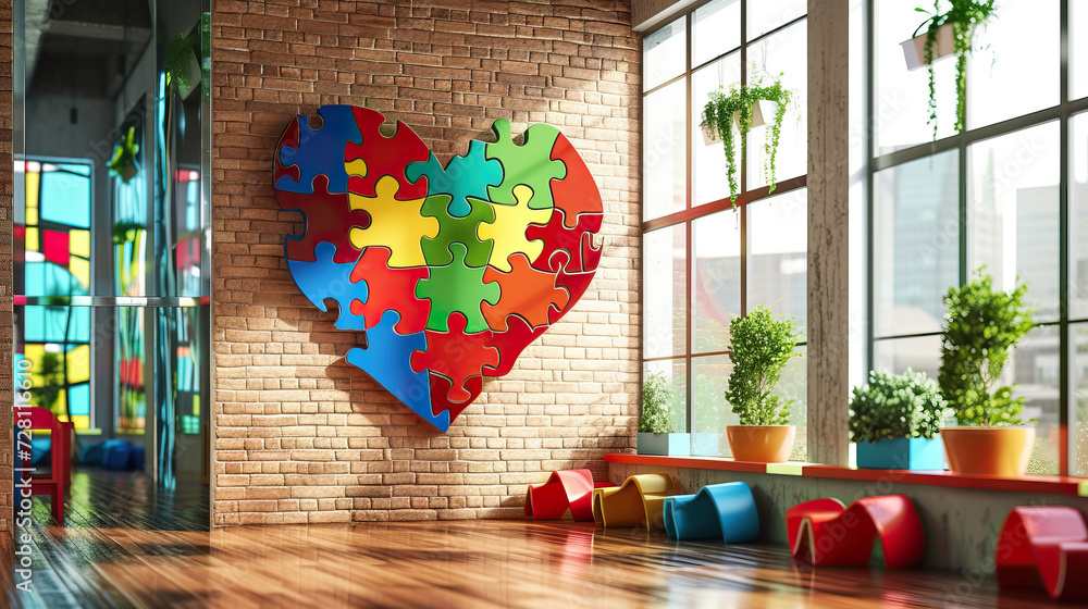 A huge heart made of pieces of bright puzzles on the wall of the lobby of the medical clinic for the care of children with autism syndrome. Examination and diagnosis. - obrazy, fototapety, plakaty 