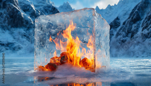 Fire and ice. Concept image of a huge block of ice with fire burning inside