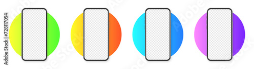 Realistic smartphone with blank touch screen on colorful background. Frameless mobile phone in front view. High quality detailed device mockup. Vector illustration