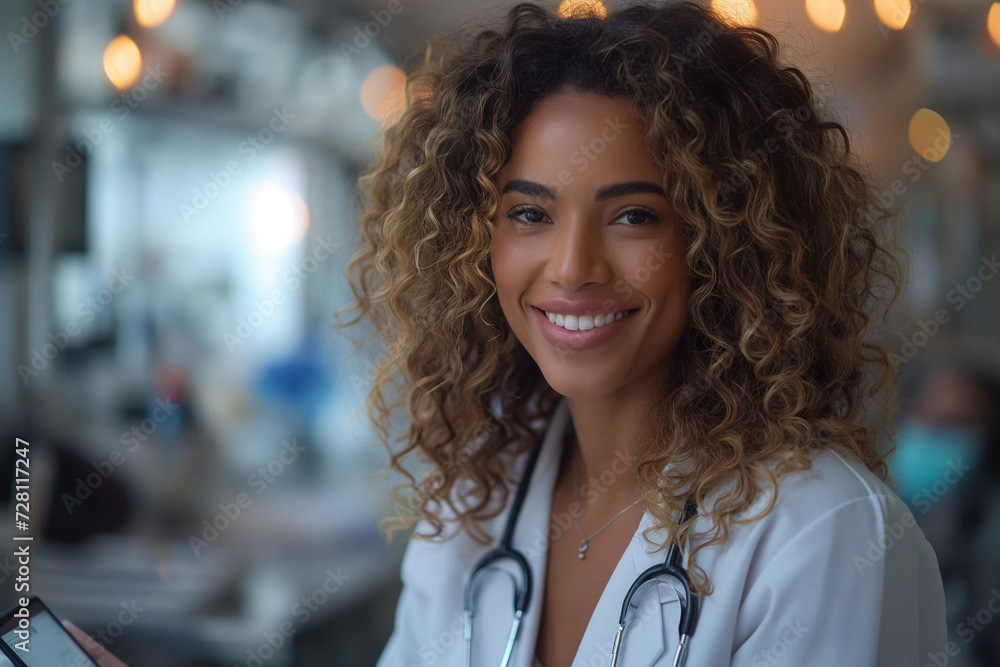 Doctor of African descent portrays the graceful interplay between healthcare service, pharmaceutical knowledge, and the aesthetics of beauty in a hospital context Doctor of African descent portrays the graceful interplay between healthcare service, pharmaceutical knowledge, and the aesthetics of beauty in a hospital context