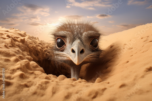 One displeased ostrich head peek out from sand pit. Hiding ostrich funny conception. Sunny desert as background. photo