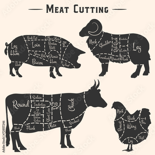 Chunks of meat - chicken, pork, beef and lamb. Vector silhouettes of animal cutting