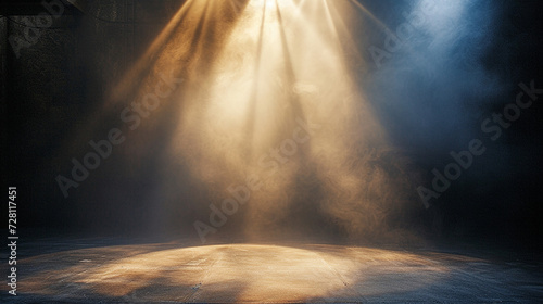 A smokey stage, dark, smokey, misty, mist, smoke, spotlight, smoke, spotlights, light, lightning, lights, effect, fog, dramatic, black, space, generative ai, bright, room, performith spotlights photo