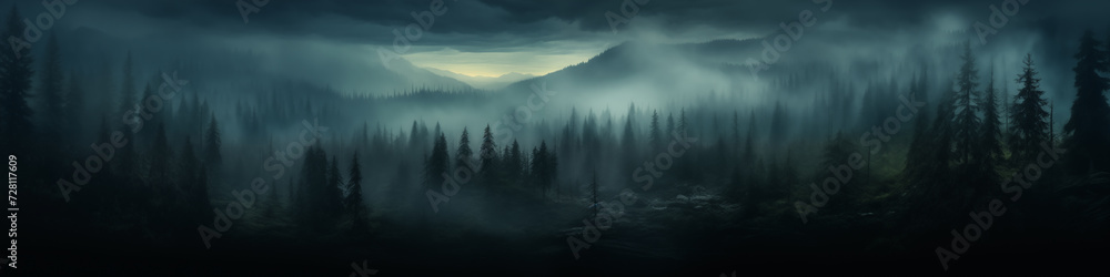 Mountain forest beautiful scenic view. Panoramic landscape  of wild nature. Trees inside  mist clouds.