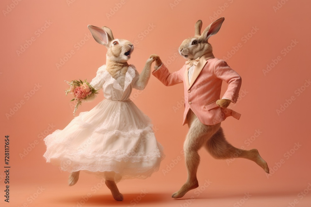 Obraz premium married couple of rabbit, who joyfully jump and scream with happiness