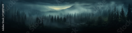 Mountain forest beautiful scenic view. Panoramic landscape of wild nature. Trees inside mist clouds.