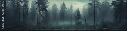 Panorama view of hazy forest. Scenic view of wild fir trees inside realistic white mist clouds.