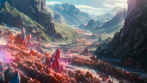 An unknown planet featuring a desolate landscape with mountain ranges, distinctive red vegetation, and a blue river.
 photo