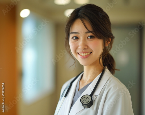 Healthcare hero, an Asian doctor in clinical attire, stands for the pinnacle of pharmaceutical care and medical expertise in a hospital context.
