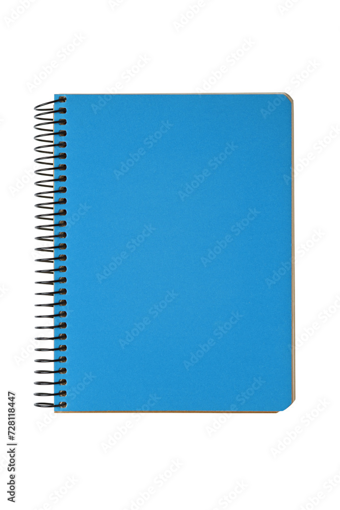 Closed spiral bound notepad with blue cover isolated on white, transparent background, PNG. Top view, copy space for text, template, mockup. Closed spiral bound notepad with blue cover isolated on white, transparent background, PNG. Top view, copy space for text, template, mockup.