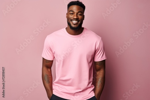 Black african american male model wearing pink t shirt on a blank background. looking into a camera. copy space