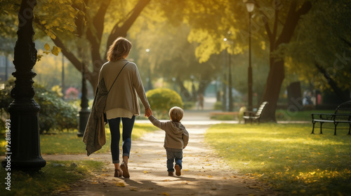 Mãe e filho andando no parque photo