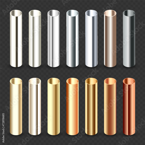 Steel and copper pipes collection. Construction material  pipeline. Industry and engineering. Polished metal texture with silver gradient. Vector illustration