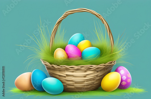 Clipart, Easter basket with colored eggs, on a green background, watercolor style, illustration