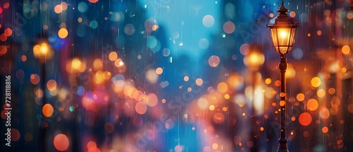 Steampunk rainy city bokeh. Bright glowing lights street lamp night. Defocused background. Shallow depth of field. Space for text. photo