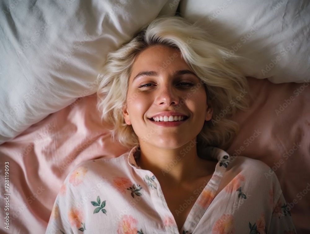 Smiling Young Woman Relaxing on a Cozy Bed Smiling Young Woman Relaxing on a Cozy Bed