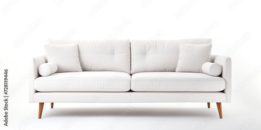 Wooden-legged white fabric sofa isolated on white background with a clipping path, part of a furniture series. Wooden-legged white fabric sofa isolated on white background with a clipping path, part of a furniture series.