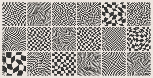 Trendy checkered pattern, black and white distorted tiled grid. Wavy curved backdrop, distortion effect. Funky geometric chessboard texture, retro background in 90s style, y2k. Vector illustration photo