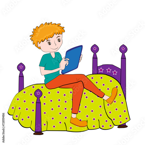 Chico leyendo sentado en la cama.