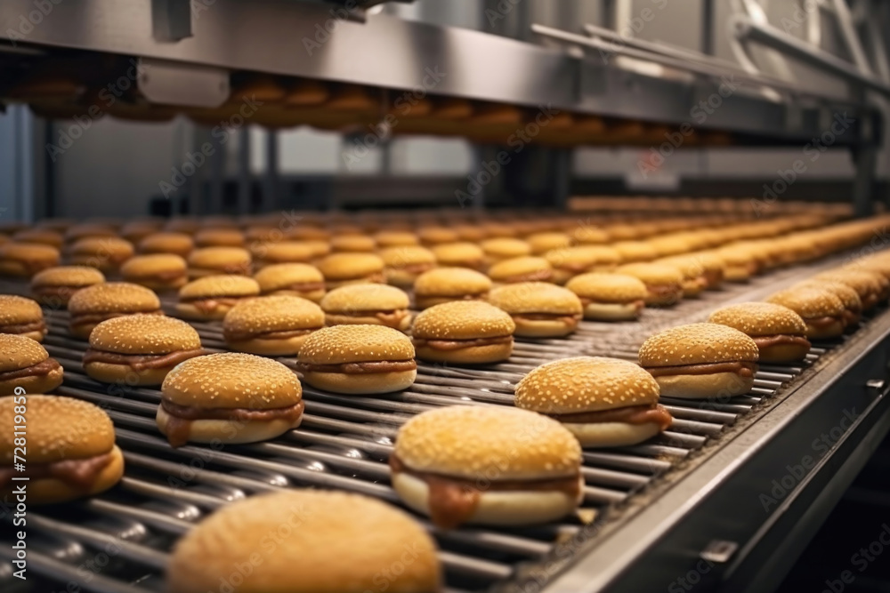 Tasty burger. Row of fresh cheeseburgers on shelf of fast food restaurant. Bread, bun with sesame, cutlet, cheese. Concept of healthy eating, overeating, obesity. Cafe kitchen. Production conveyor Tasty burger. Row of fresh cheeseburgers on shelf of fast food restaurant. Bread, bun with sesame, cutlet, cheese. Concept of healthy eating, overeating, obesity. Cafe kitchen. Production conveyor