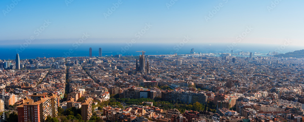 Panoramic view of Barcelona, Spain, featuring the Sagrada Familia and Torre Glories against a clear blue sky, with terracotta rooftops and the Mediterranean Sea in the distance.
