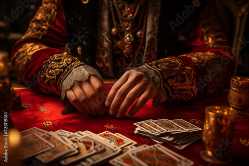 Close up hands with cards on the red table. Fashionable stylish illustration.