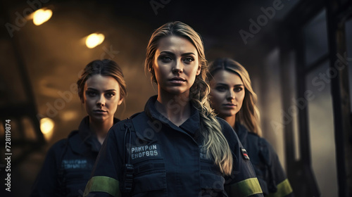Blonde and brunette woman on fire. Group of young beautiful women firefighters in special uniforms against background of fire. Female portrait. White adult people. Team work. Blurred background	 photo