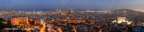 Panoramic evening view of Barcelona, Spain, showcasing its urban glow with lit streets and buildings against a dusk sky, hinting at its coastal setting and vibrant nightlife.