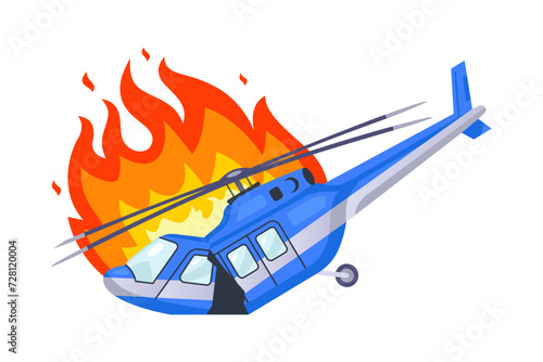 the burning helicopter fell to the ground. flat vector illustration