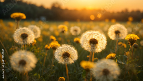 Dandelions in the field  flower field with dandelions