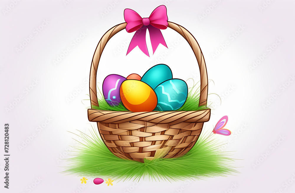 Clipart, Easter basket with colored eggs, on a white background, watercolor style, illustration