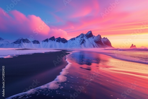 Icebergs on Iceland's black sand beach under a colorful sunrise, with snow-capped mountains backdrop.