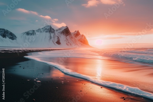 Icebergs on Iceland s black sand beach under a colorful sunrise  with snow-capped mountains backdrop.