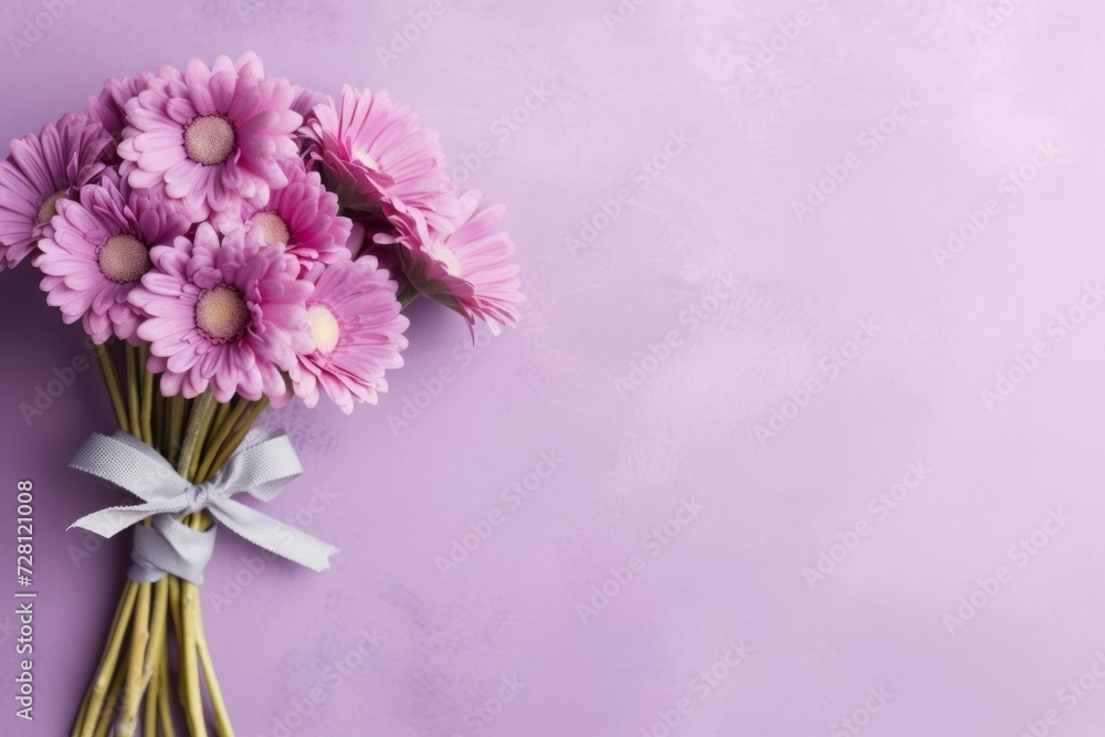 Bouquet of Pink Gerbera Daisies Tied With a Ribbon on a Lavender Background Bouquet of Pink Gerbera Daisies Tied With a Ribbon on a Lavender Background