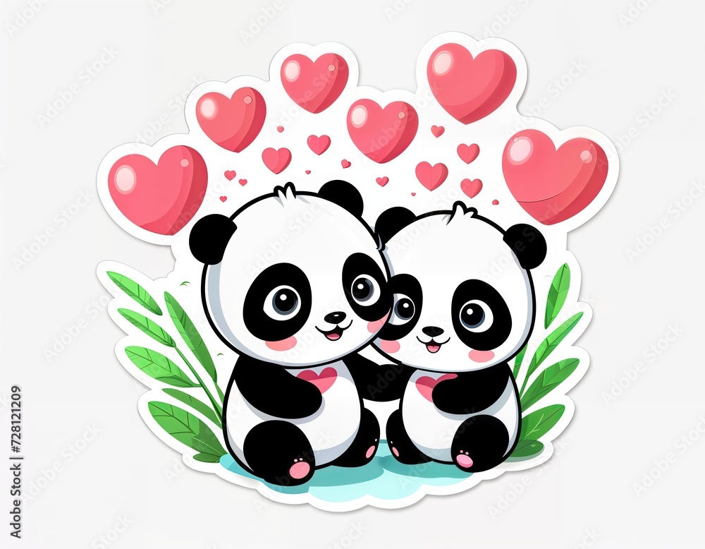 two pandas are sitting side by side, each holding a heart. two pandas are sitting side by side, each holding a heart.