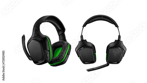 Black and green gaming headsets isolated on white background. photo