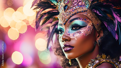 African woman, carnival elegance, pastel backdrop. © Rafael Alejandro