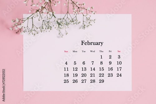 February 2024 desk calendar  and flowers, a branch of gypsophila on pink table. Flat lay, top view
